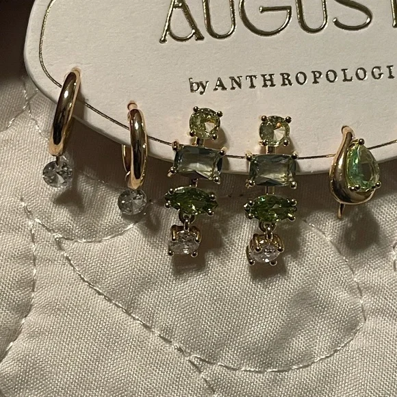 Anthropologie Green Crystal Multi-Pair Earring Set in Gold - Picture 4 of 4